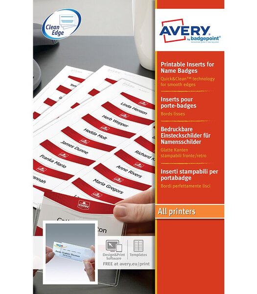 6530 - 180 inserts bords lisses imprimables 30 x 65 mm AVERY