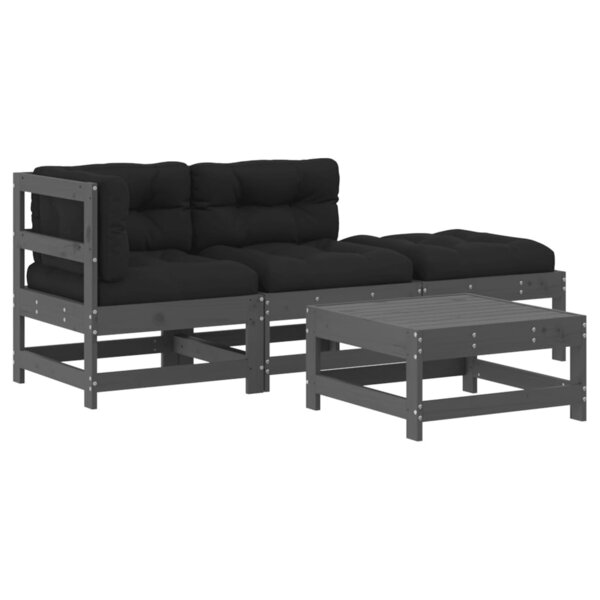 vidaXL Salon de jardin 4 Pièces avec coussins gris bois massif