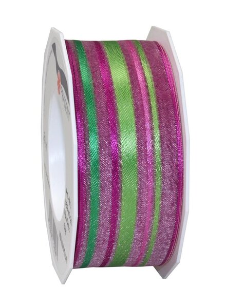Organza à rayures laitonné mauritius 20-m-rouleau 40 mm vert/magenta