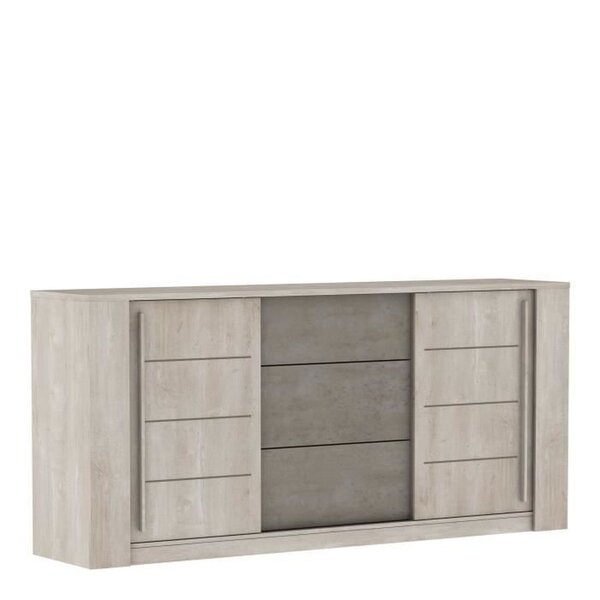 Enfilade ANTIBES 2 portes coulissantes + 3 tiroirs - chêne champagne et béton beige - 206 x 44.9 x 94 cm