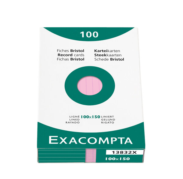 Étui de 100 fiches bristol ligné non perforé 100x150mm Rose EXACOMPTA
