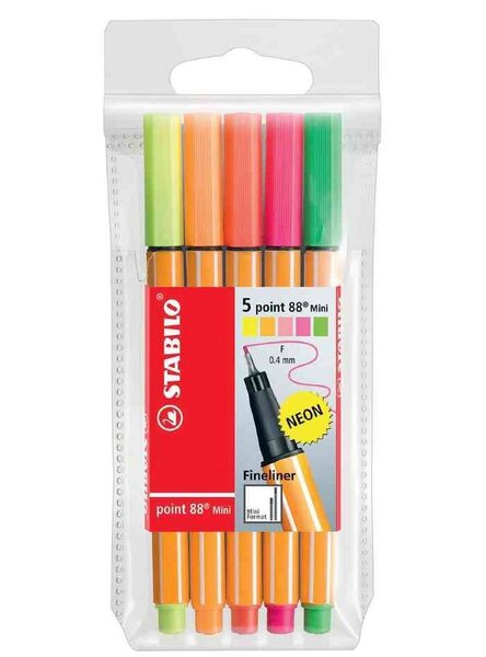 Pochette de 5 5 Stylos-Feutre POINT 88 MINI Pointe Fine 0,4 mm, couleurs FLUO assorties STABILO