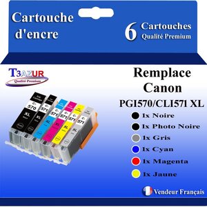 T3AZUR - 6x Cartouches compatibles avec Canon PGI-570XL CLI-571 XL pour Canon Pixma MG7751 MG7752 MG7753 TS8050 TS8051 TS8052 TS8053 TS9050 TS9055