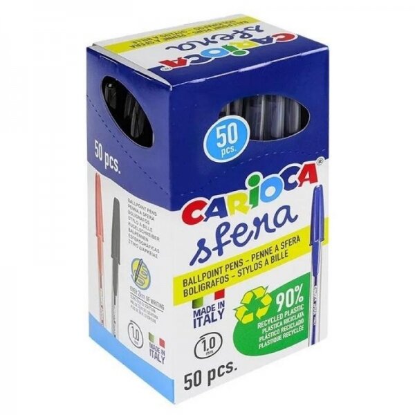 LOT de 50 Stylo Bille Carioca Sfera - Pointe Ø 1mm - Capuchon et Encre Couleur Rétro - Écriture Super Coulissante - Paquet Papier - Couleur Bleu