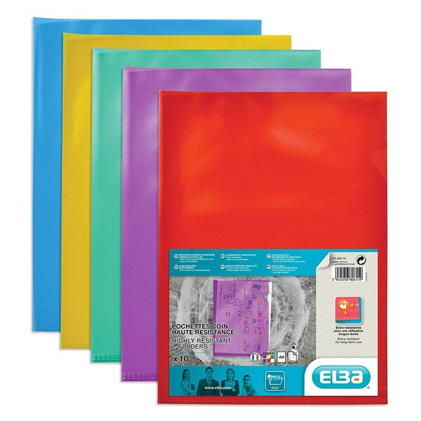 Lot de 10 Pochettes coin A4 (21x29,7 cm) PVC150 Lisse Ultra Resistante Assorties ELBA
