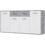 Buffet bas - Blanc et béton gris clair - 4 portes + 4 tiroirs - PILVI - L 162,3 x P 34,2 x H 88,1 cm
