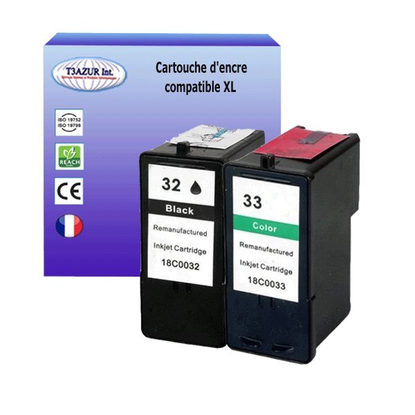1+1 Cartouches compatibles avec Lexmark 32, 33 pour Lexmark Z800, Z805, Z810, Z812, Z815, Z816, Z818, Z850 (Noire+Couleur) - T3AZUR