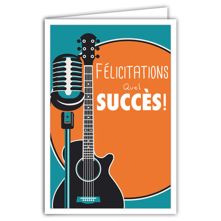 Carte Félicitations Quel Succès Enveloppe Affichette Mini Posters 17x11 5cm Réussite Permis Examen Concours Compétition Bravo Musique Guitare Discours Micro Rétro Vintage Orange/Bleue