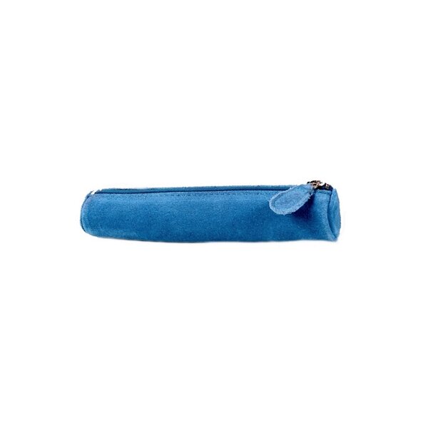 Mini trousse fourre tout rond 16.5 x 4 cm cuir suédine - bleu