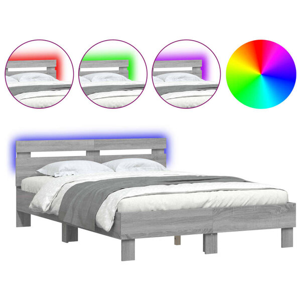 vidaXL Cadre de lit avec tête de lit et LED sonoma gris 135x190 cm