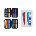 Trousse à crayons à deux niveaux Milan Collection 430 avec 2 gommes  un taille-crayon  un crayon  un stylo à bille P1 Touch Blue  une règle  12 crayons de couleur et 18 marqueurs - Beige