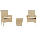 vidaXL Ensemble de bistro avec coussins 3 Pièces beige rotin et verre