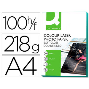 Papier photo q-connect laser semi glacé brillant a4 218g/m2 compatible toutes imprimantes paquet 100 feuilles