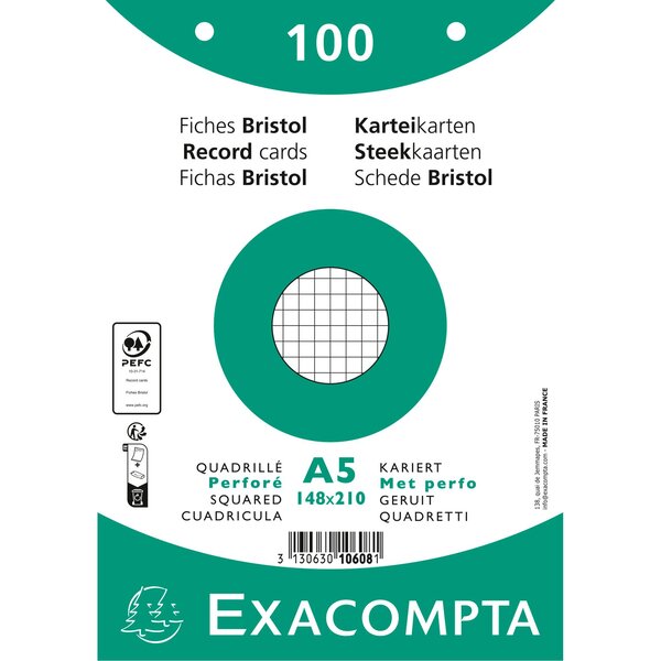 Paquet 100 Fiches Sous Film - Bristol Quadrillé 5x5 Perforé 148x210mm - Blanc - X 10 - Exacompta