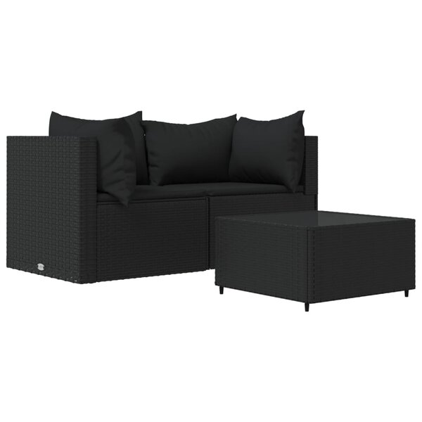 vidaXL Salon de jardin 3 Pièces avec coussins Noir Résine tressée