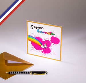 Carte simple  à la folie licornément créée et imprimée en france - joyeux anniversaire arc-en-ciel