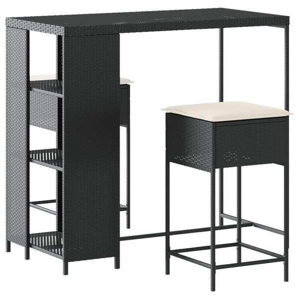 vidaXL Ensemble de bar de jardin 3 Pièces avec coussins noir poly rotin