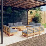 vidaXL Salon de jardin 13 Pièces avec coussins gris bois de pin