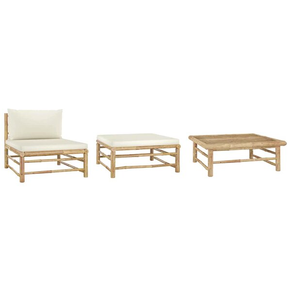 vidaXL Salon de jardin 3 Pièces avec coussins blanc crème Bambou