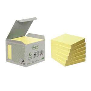 Notes adhésives en mini tour, 100 feuilles, papier recyclé, jaune, 76 x 76 mm (paquet 6 blocs)