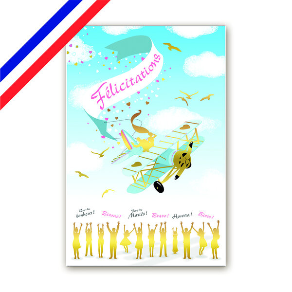 Carte félicitations de mariage - mariés en avion