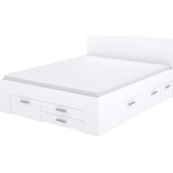 Lit adulte contemporain 160 x 200 cm - 4 tiroirs - 2 chevets avec niche - Blanc mat - UDINE