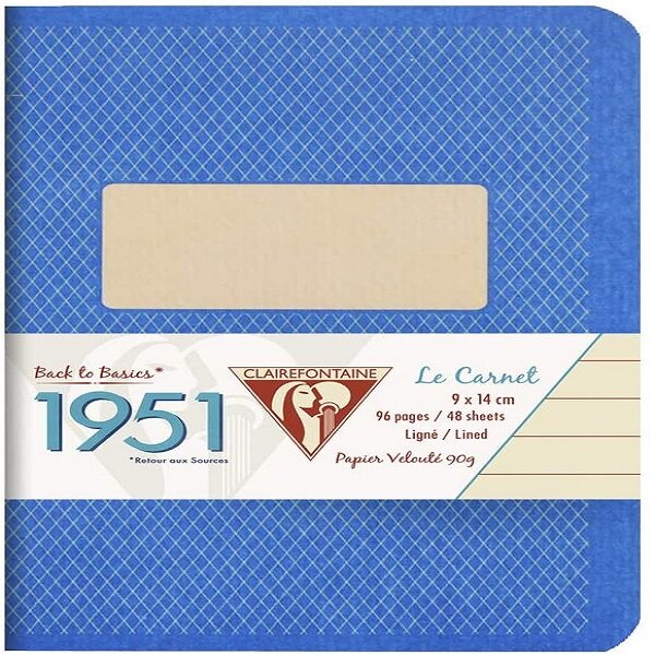 Un carnet piqué 1951 Back to basics 96 pages 9x14 cm  lignées, couverture carte à grain, Bleu