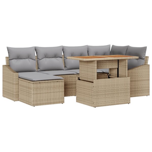 vidaXL Ensemble de salle à manger jardin 7 pièces avec coussins beige poly rotin acacia