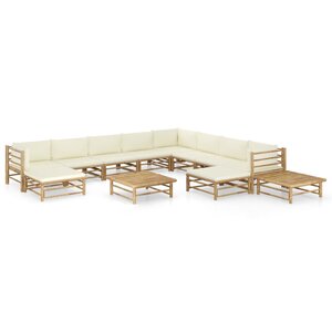 vidaXL Salon de jardin 12 Pièces avec coussins blanc crème bambou