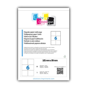 Lot de 5 planches a4 de 6 étiquettes à bords vifs 105 x 99 mm en papier blanc 70g/m² multifonction
