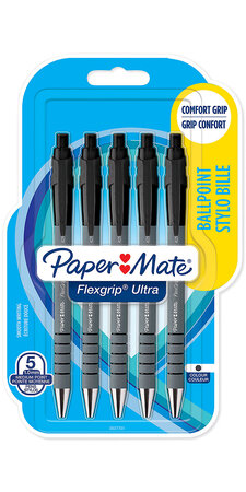 Paper Mate Flexgrip Ultra - 5 Stylos bille rétractables - Noir - Pointe 1.0mm - sous blister