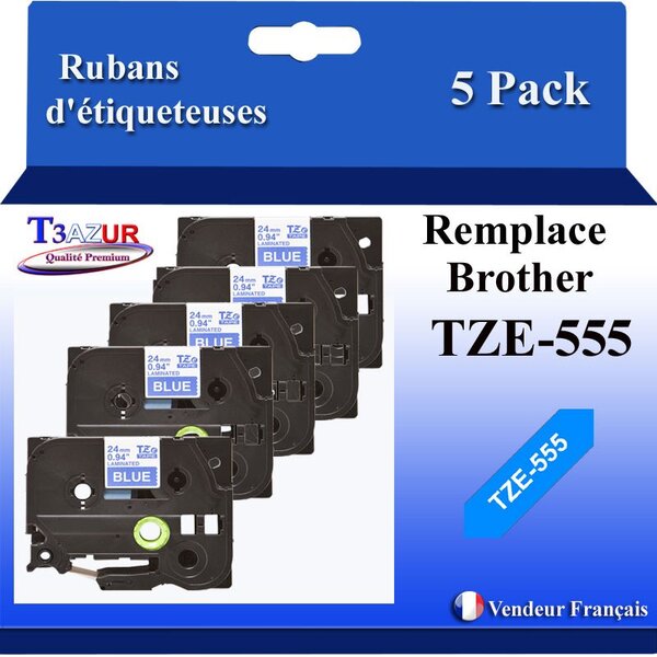 5x Rubans d'étiqueteuses compatibles avec Brother Tze555  Tze-555 pour étiqueteuses P-touch - Texte blanc sur fond bleu - T3AZUR