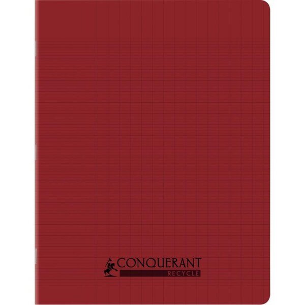 Cahier recyclé et recyclable  96 pages seyès 90 g  couverture polypropylène rouge  format 17 x 22 cm CONQUERANT