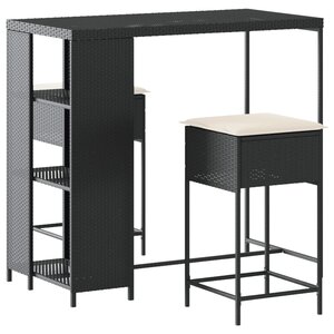 vidaXL Ensemble de bar de jardin 3 Pièces avec coussins noir poly rotin