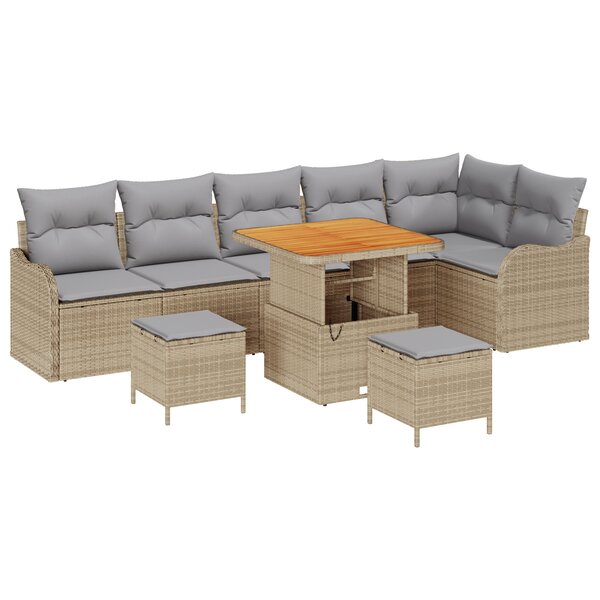 Ensemble de 9 pièces de canapés de jardin avec coussins Beige poly ratin Acacia