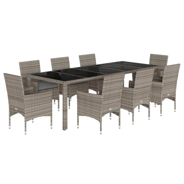 vidaXL Ensemble à manger de jardin et coussins 9 Pièces gris rotin verre
