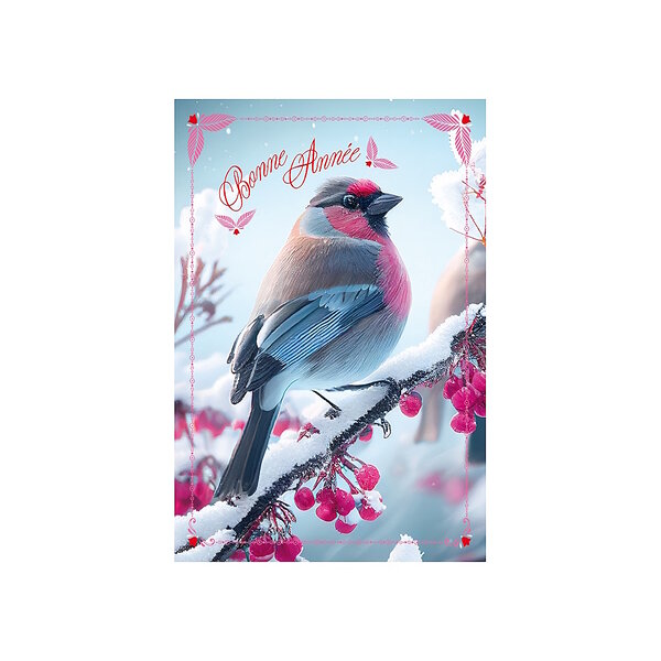 Carte De Voeux - Bonne Année Rouge Gorge Rose Décor Pailleté