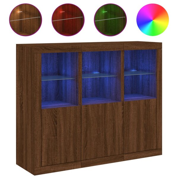 vidaXL Buffets avec lumières LED 3 Pièces chêne brun bois d'ingénierie