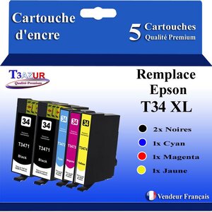 T3AZUR- 5x Cartouches Compatibles avec Epson 34XL 34 XL remplace Epson Workforce Pro WF-3725DWF WF-3720DWF WF3725DWF WF3720DWF