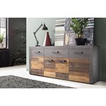 Buffet bas INDY 4 Portes et 1 Tiroir - Mélaminé bois vieilli et gris mat - 178 x 40 x 77 cm