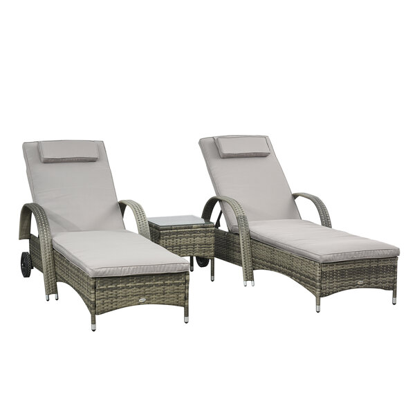 Lot de 2 transats bains de soleil grand confort : matelas  têtière  inclinaison réglable multipostions  accoudoirs  roulettes + table basse verre trempé résine tressée grise