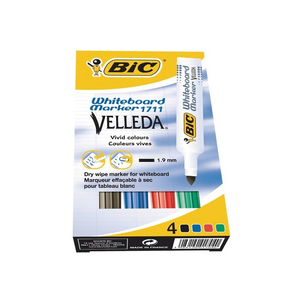 Lot de 4 Feutres tableau blanc effaçable à sec 1711 Pte Ogive Large N/B/R/V VELLEDA