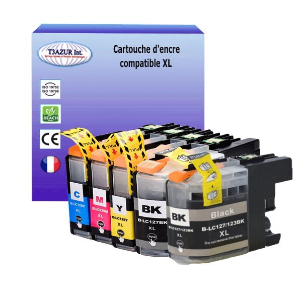 T3AZUR-  Lot de 5 Cartouches compatibles avec Brother LC127XL  LC125XL pour Brother DCP-J4110DW  MFC-J4410DW