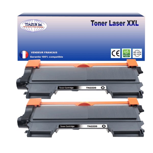 2 Toners compatibles compatible avec Brother TN2220, TN2010 pour Brother HL2250DN - 2600 pages - T3AZUR