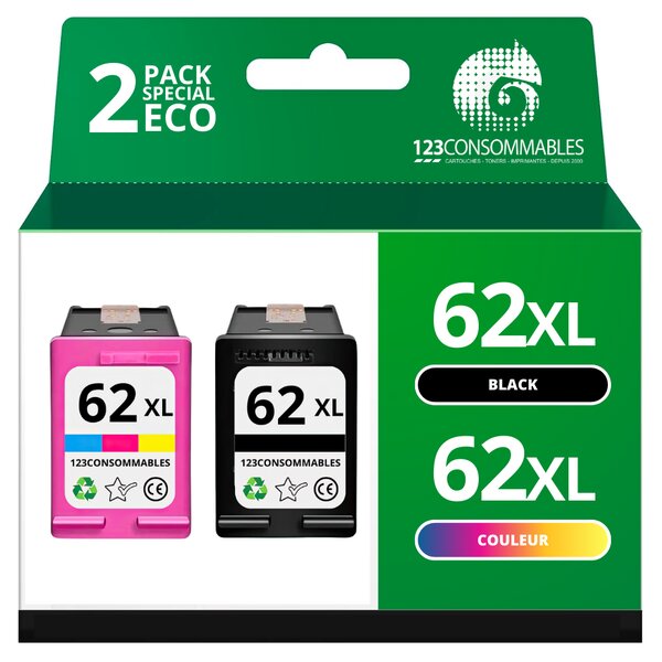 Pack 2 Cartouches compatibles HP 62 XL