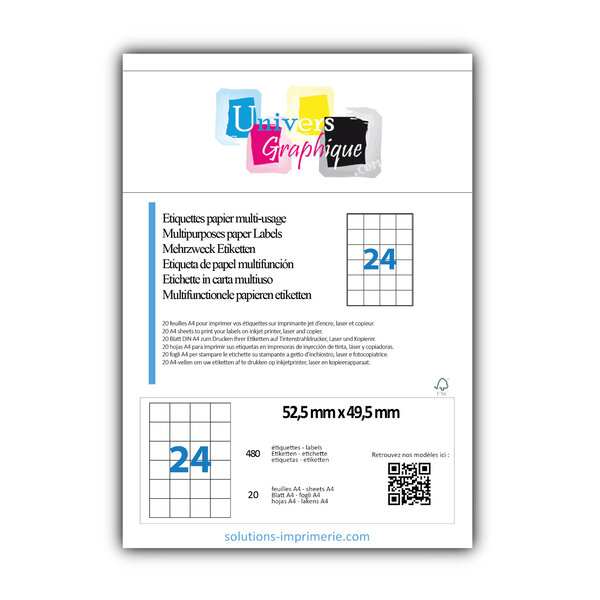 Lot de 20 planches a4 de 24 étiquettes à bords vifs 52 5 x 49 5 mm en papier blanc 70g/m² multifonction