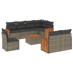vidaXL Salon de jardin 9 Pièces avec coussins gris résine tressée