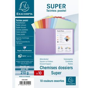 Paquet 10 chemises SUPER 210 Assorties 10 teintes EXACOMPTA