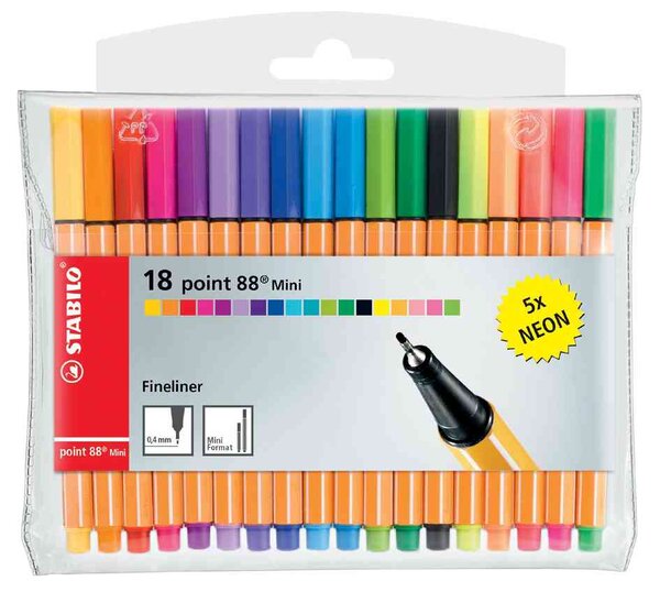 Pochette de 18 Stylo-Feutre POINT 88 MINI Pointe Fine 0,4 mm dont 5 fluo STABILO