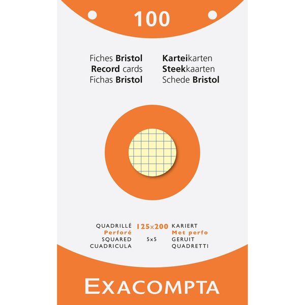 Étui De 100 Fiches - Bristol Quadrillé 5x5 Perforé 125x200mm - Couleurs Assorties - X 12 - Exacompta